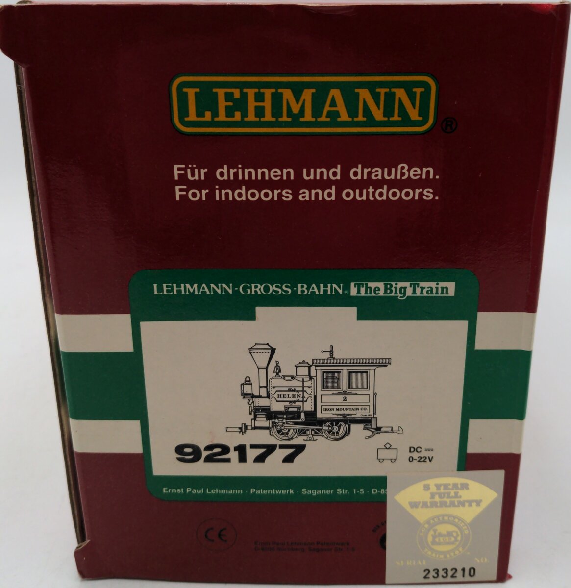 LGB 92177 Iron Mountain Company 0-4-0 Steam Locomotive EX/Box