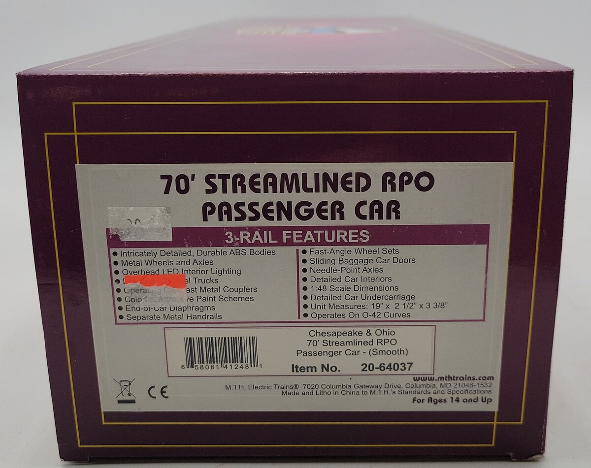 MTH 20-64037 O Gauge Chesapeake & Ohio 70' Streamlined RPO Passenger Car #1311 LN/Box
