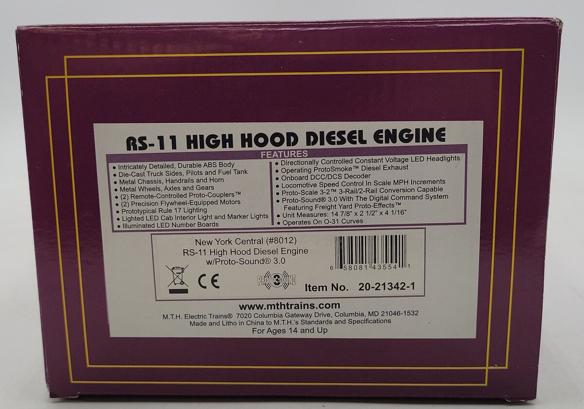 MTH 20-21342-1 O Gauge New York Central RS-11 Diesel Locomotive #8012 w/PS.3 EX/Box