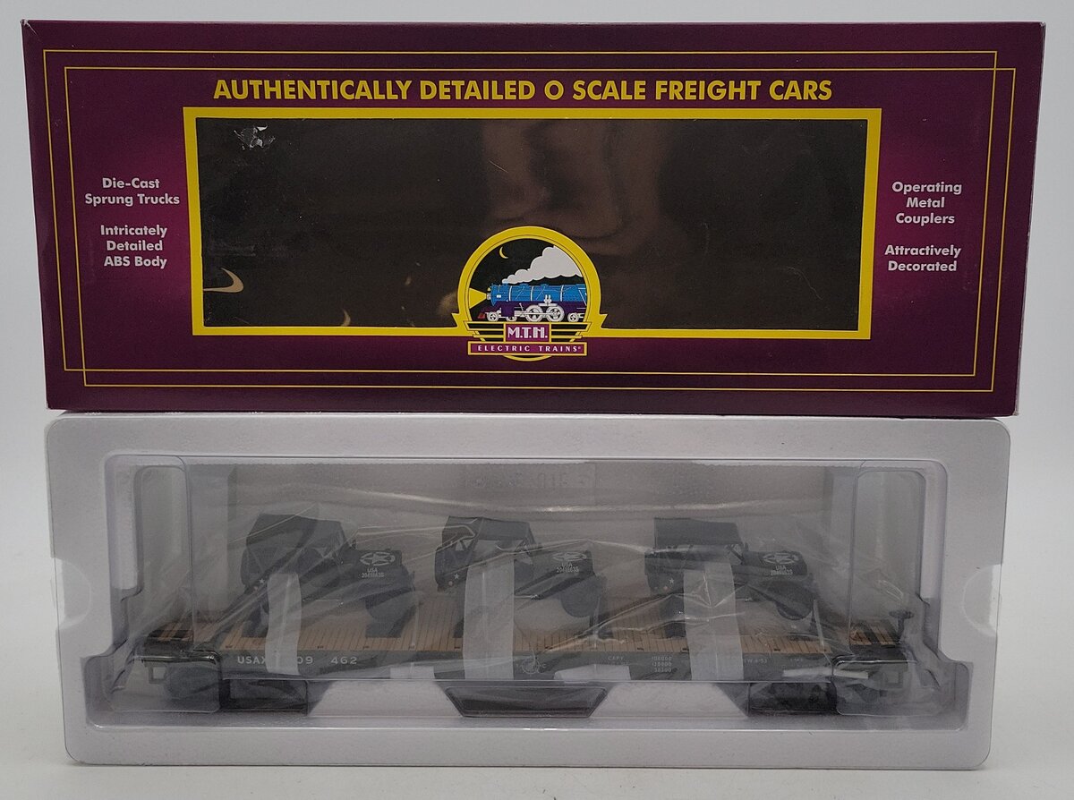 MTH 20-95425 O U.S. Army Flatcar w/(3) Military Transport Vehicles #609460 NIB