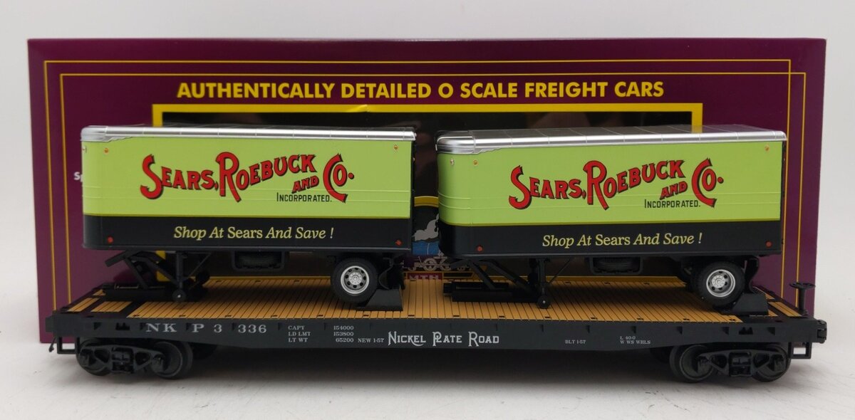 MTH 20-95407 O Gauge Nickel Plate Road Flatcar w/ 2 PUP Trailers #3336 LN/Box