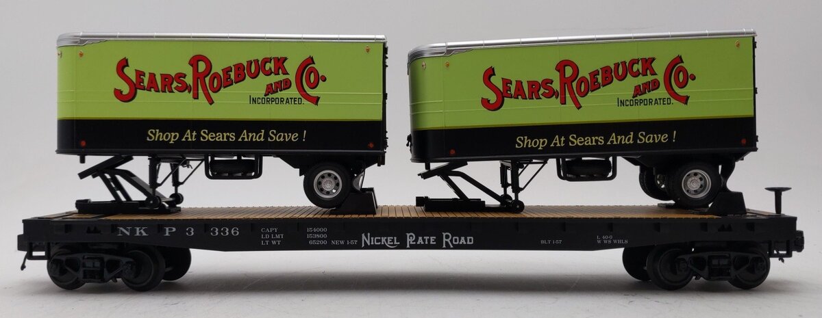 MTH 20-95407 O Gauge Nickel Plate Road Flatcar w/ 2 PUP Trailers #3336 LN/Box