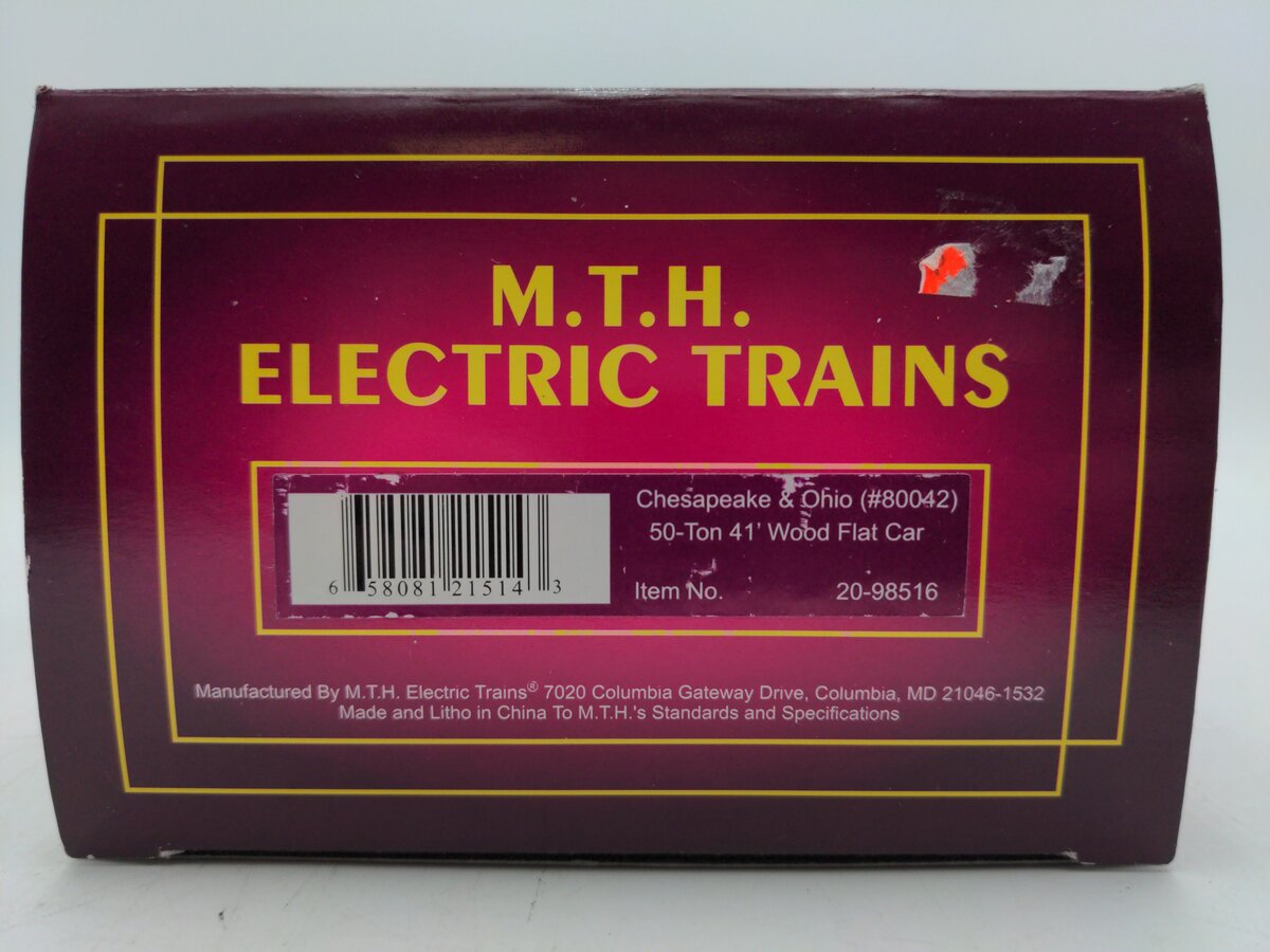 MTH 20-98516 O Chesapeake & Ohio 50-Ton 41'' Wood Flat Car #80042 EX/Box