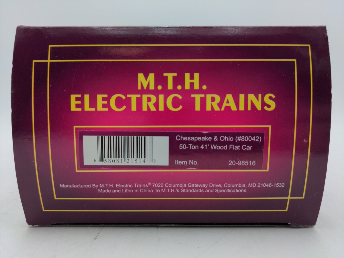 MTH 20-98516 O Chesapeake & Ohio 50-Ton 41'' Wood Flat Car #80042 EX/Box