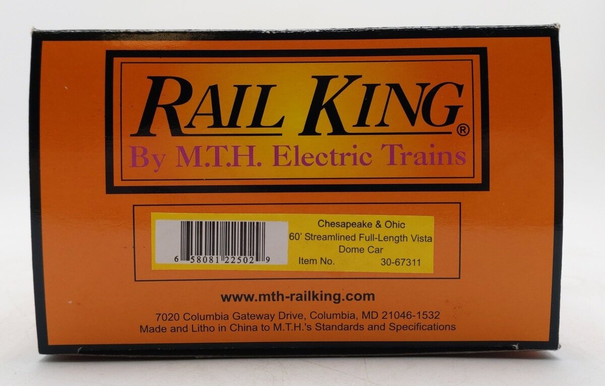 MTH 30-67311 O Gauge C&O 60' Streamlined Vista Dome Car LN/Box