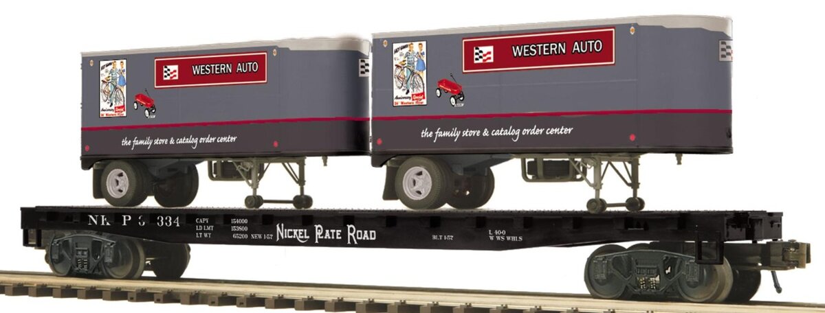 MTH 20-95409 O Gauge Nickel Plate Flat Car #3334 w 2 Western Auto PUP Trailers NIB
