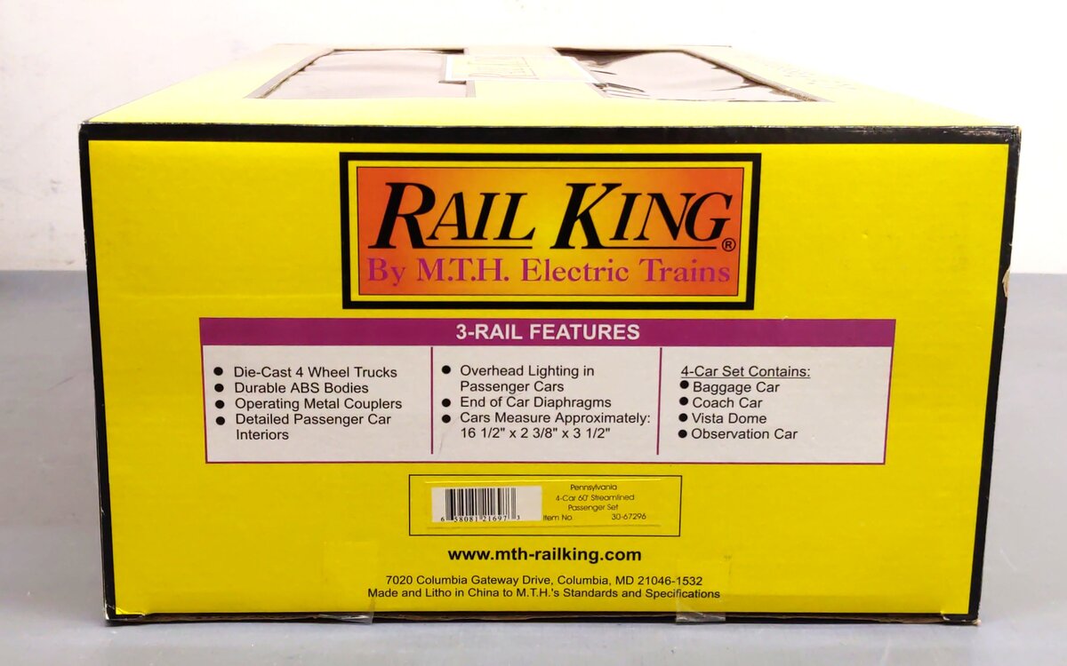 MTH 30-67296 O Pennsylvania 60' Streamlined ABS Passenger Car Set (Set of 4) NIB