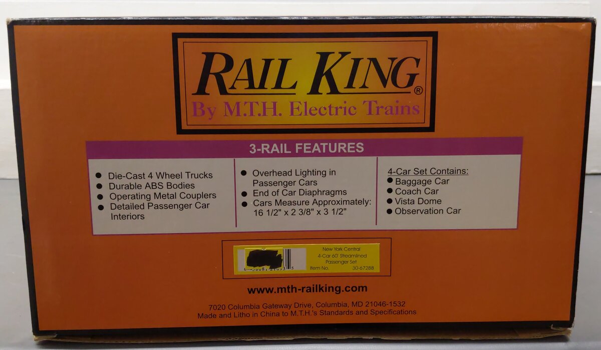 MTH 30-67288 O New York Central 60' Streamlined ABS Passenger Car Set (Set of 4) LN/Box