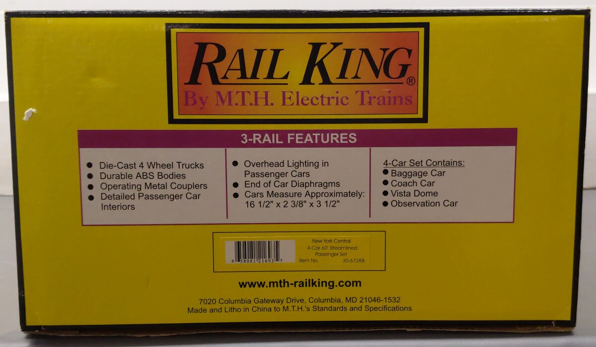 MTH 30-67288 O New York Central 60' Streamlined ABS Passenger Car Set (Set of 4) LN/Box