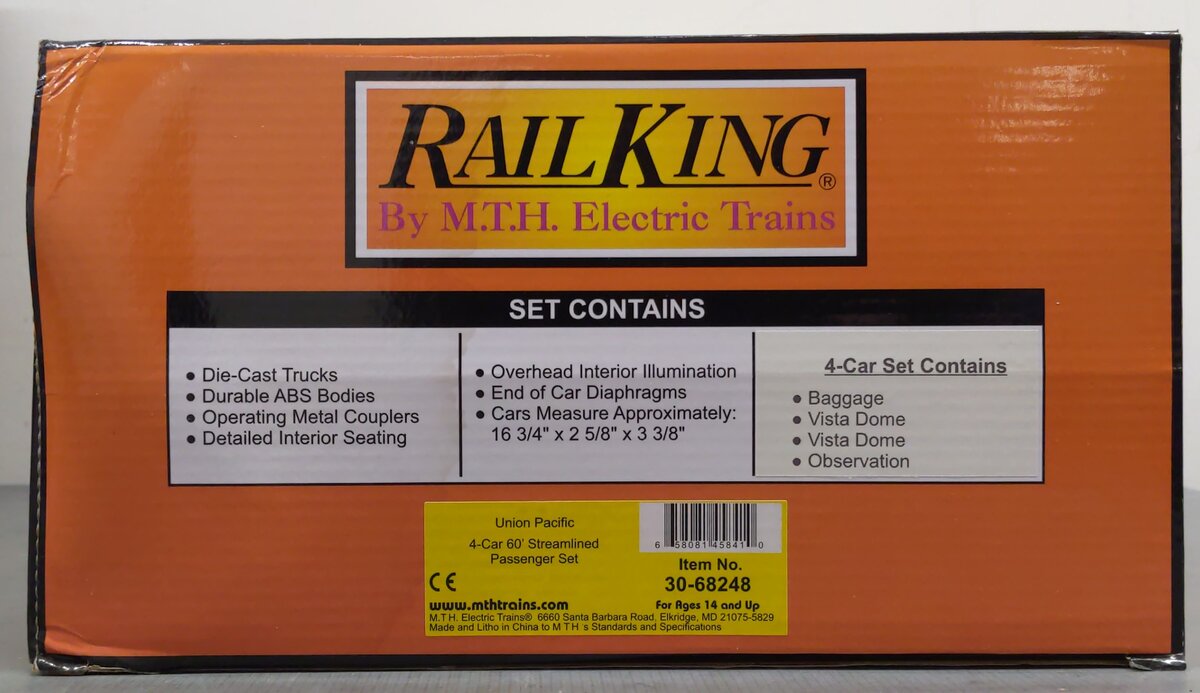 MTH 30-68248 O Union Pacific 60' Streamlined Passenger Car Set (4) LN/Box
