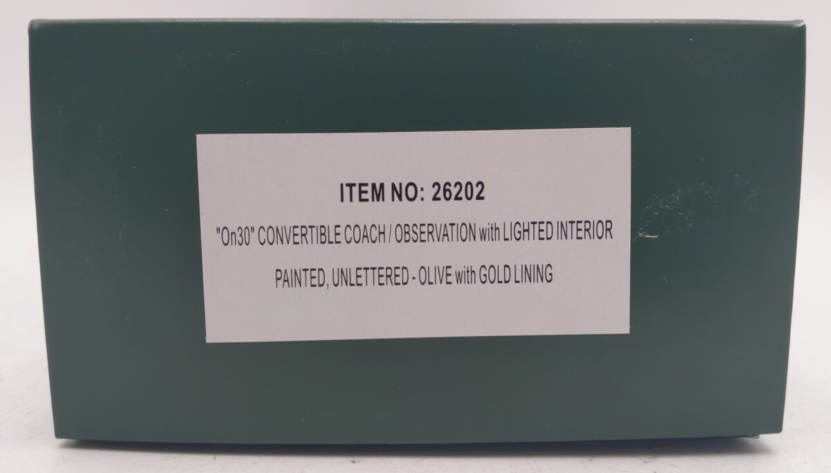 Bachmann 26202 On30 Unlettered Olive Coach/Observation Car with Lighted Interior NIB