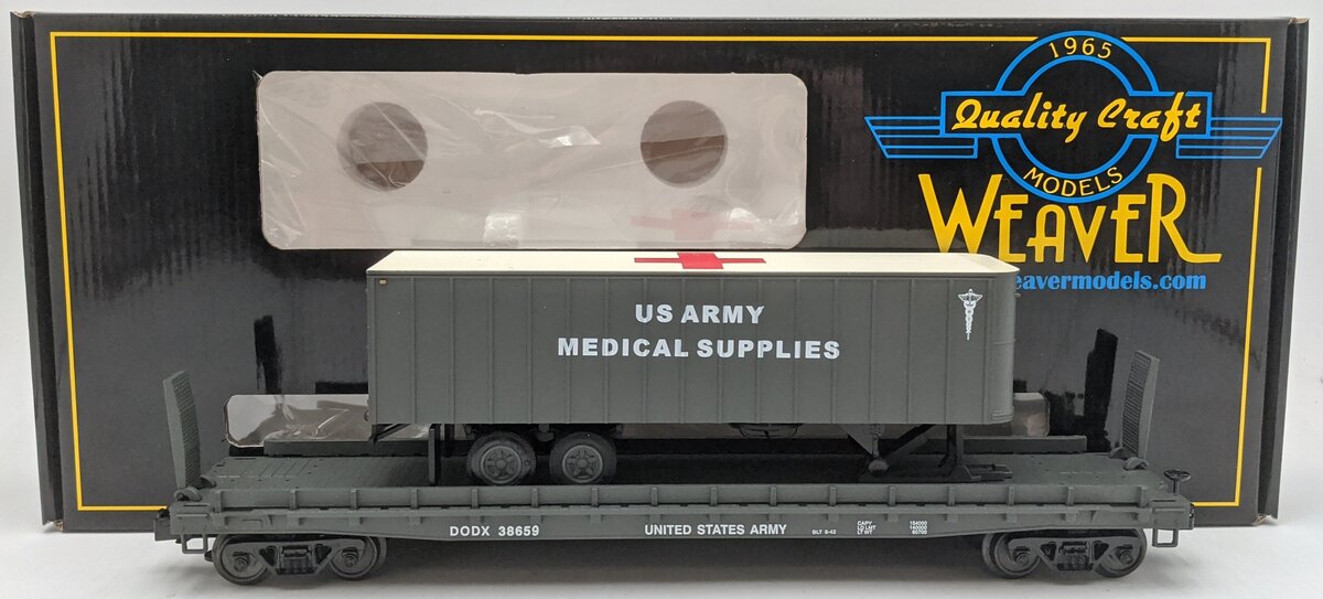 Weaver U23026LD O US Army 50' Flat Car #38659 w/ 35' Medical Trailer (3-Rail) LN/Box