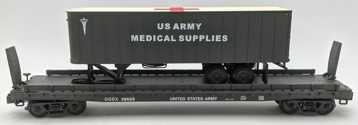 Weaver U23026LD O US Army 50' Flat Car #38659 w/ 35' Medical Trailer (3-Rail) LN/Box