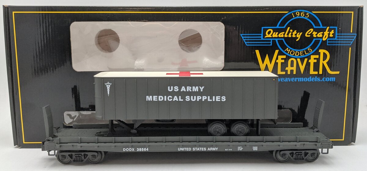 Weaver U23026LD O US Army 50' Flat Car #38564 w/ 35' Medical Trailer (3-Rail) LN/Box