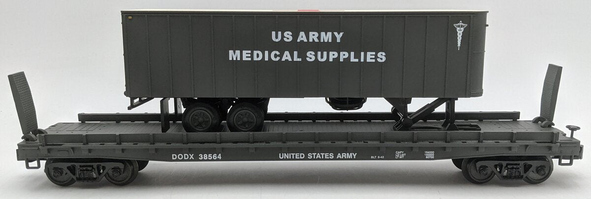 Weaver U23026LD O US Army 50' Flat Car #38564 w/ 35' Medical Trailer (3-Rail) LN/Box