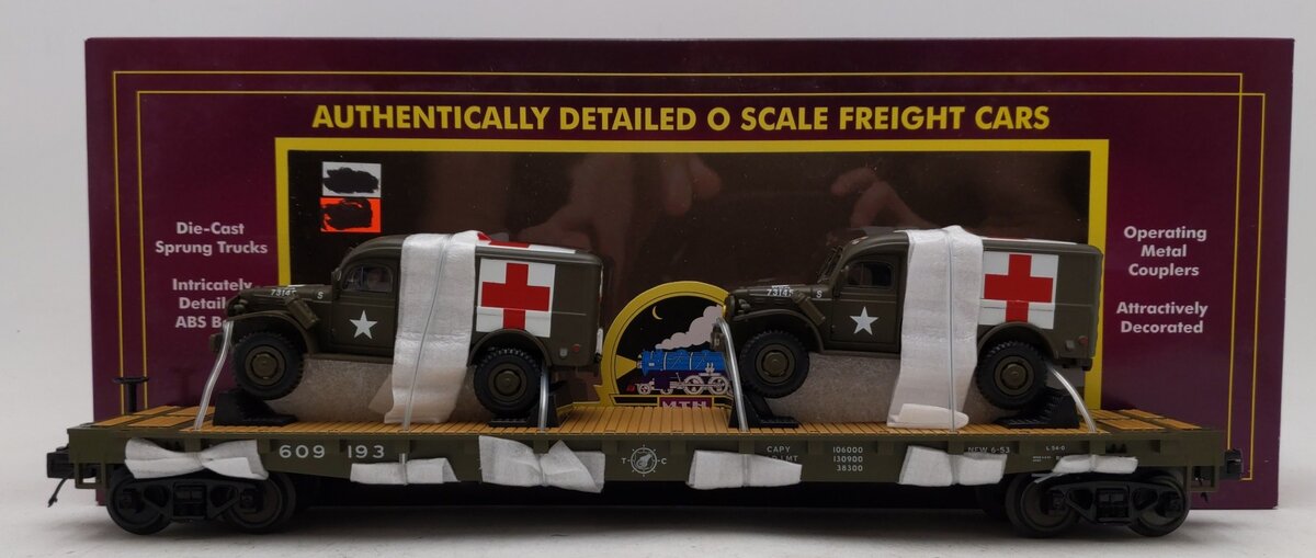 MTH 20-92149E O Gauge U.S Army Flat Car w/ Two Ambulances #609193 LN/Box