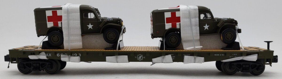 MTH 20-92149E O Gauge U.S Army Flat Car w/ Two Ambulances #609193 LN/Box