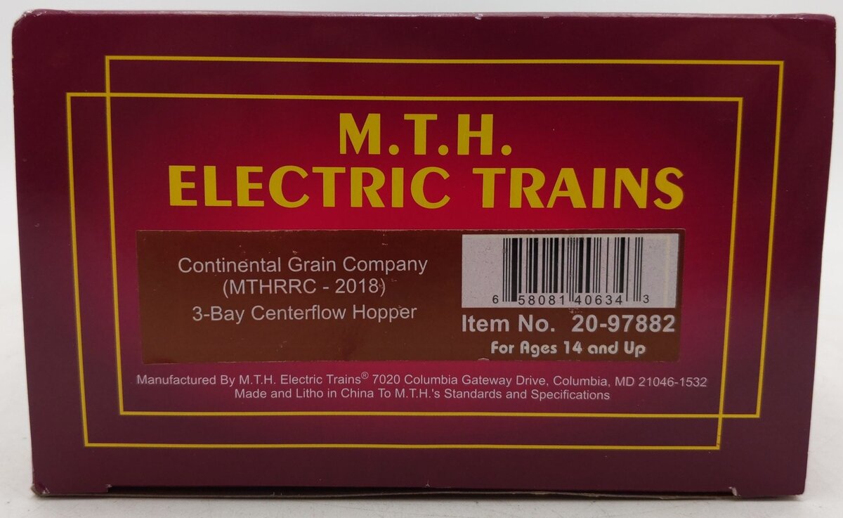 MTH 20-97882 O MTHRRC-2018 Continental Grain Company 3-Bay Centerflow Hopper EX/Box