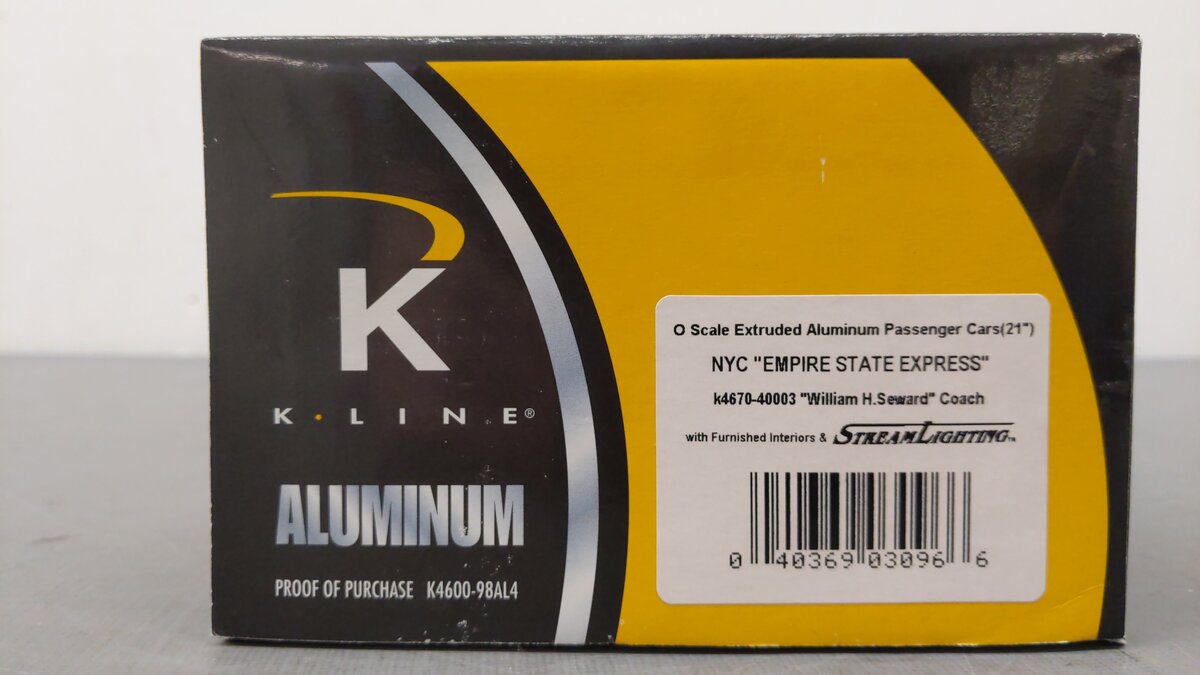 K-Line K4670-40003 O New York Central " William H. Seward 21" Aluminum Coach Car EX/Box