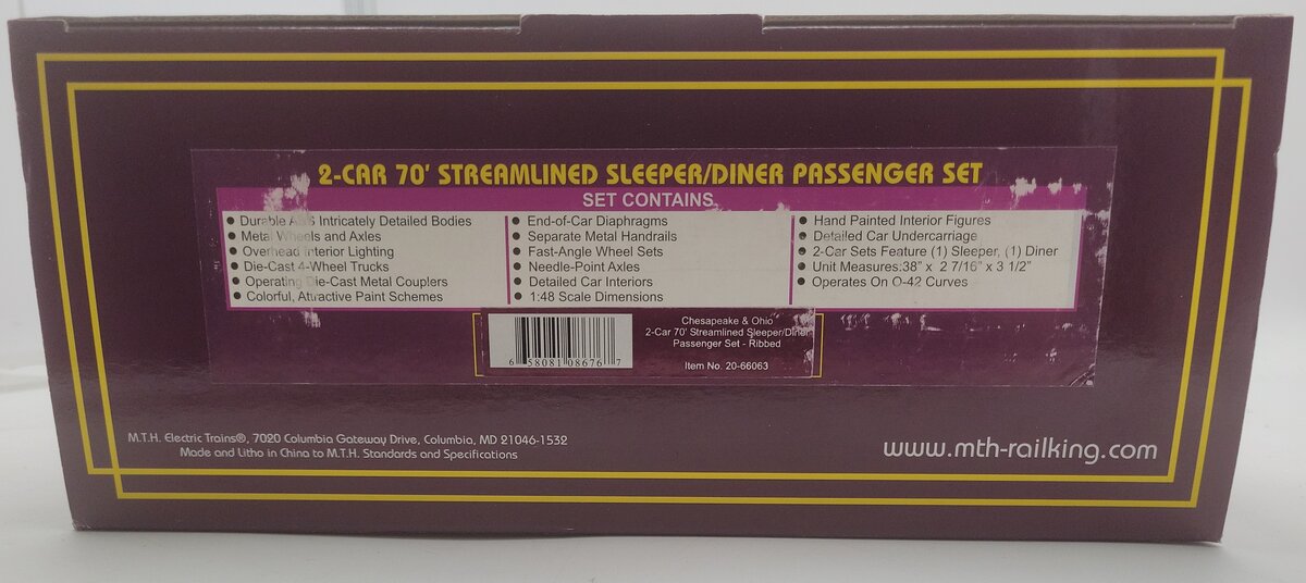 MTH 20-66063 O Gauge C&O 70' Streamlined Sleeper/Diner Passenger 2-Car Set LN/Box