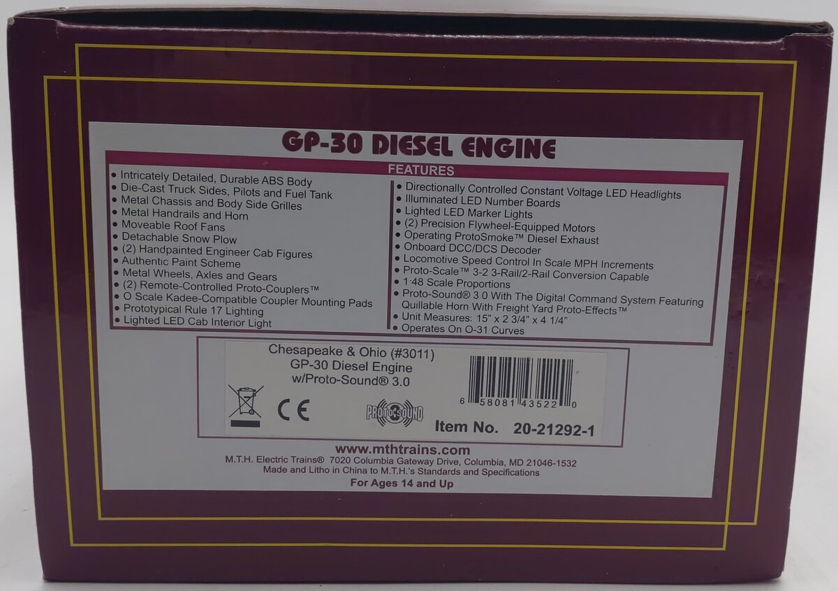 M.T.H 20-21292-1 O Scale Chesapeake & Ohio #3011 GP-30 Diesel Engine W/ PS 3.0 EX/Box