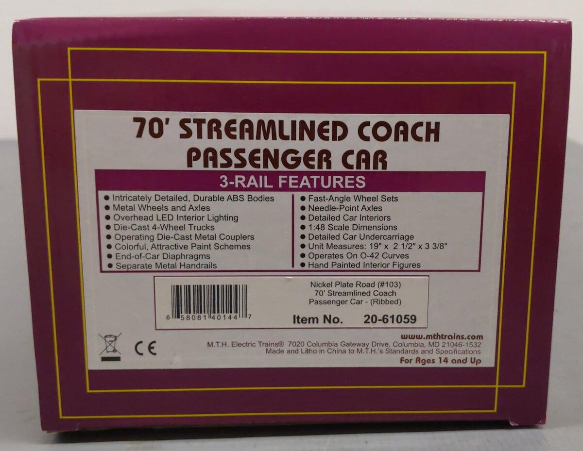 MTH 20-61059 O Gauge Nickel Plate 70' Streamlined Coach Car #103 EX/Box