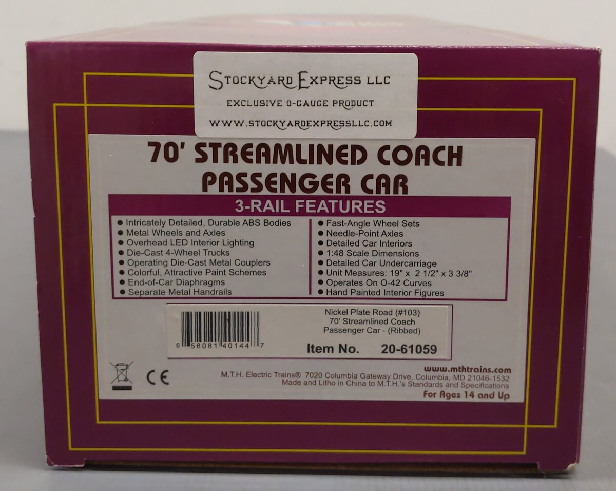 MTH 20-61059 O Gauge Nickel Plate 70' Streamlined Coach Car #103 EX/Box