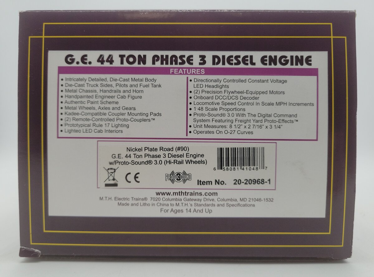 MTH 20-20968-1 Nickel Plate Road GE 44 Ton Phase 3 Diesel Engine #90 with PS3 EX/Box