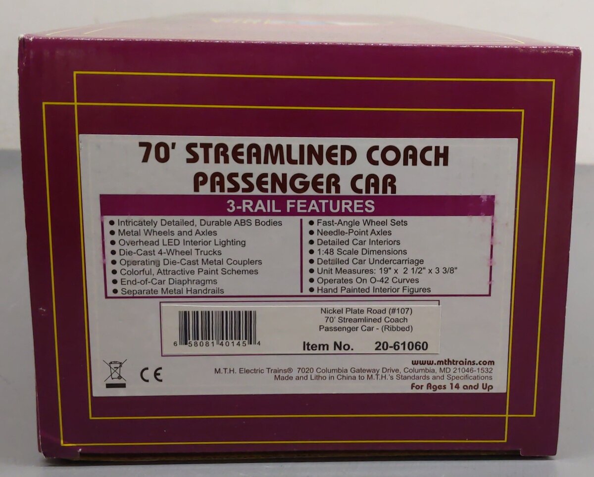 MTH 20-61060 O Gauge Nickel Plate 70' Streamlined Passenger Car #107 EX/Box