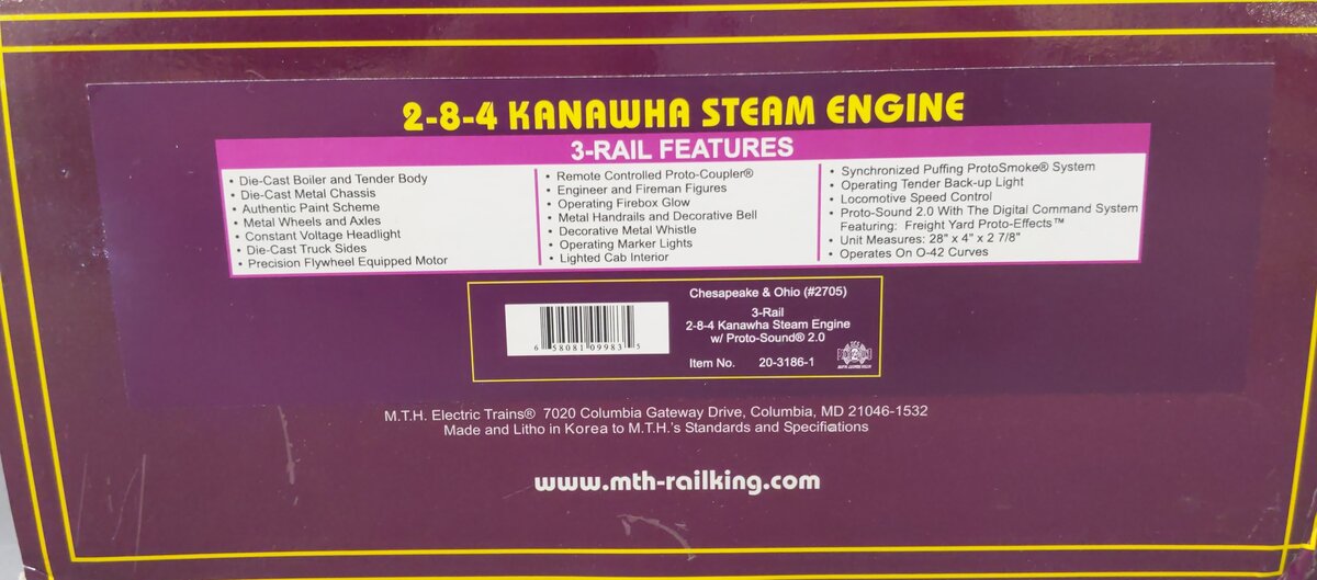 MTH 20-3186-1 C&O 2-8-4 Kanawha Steam Locomotive & Tender #2705 with PS-2 EX/Box
