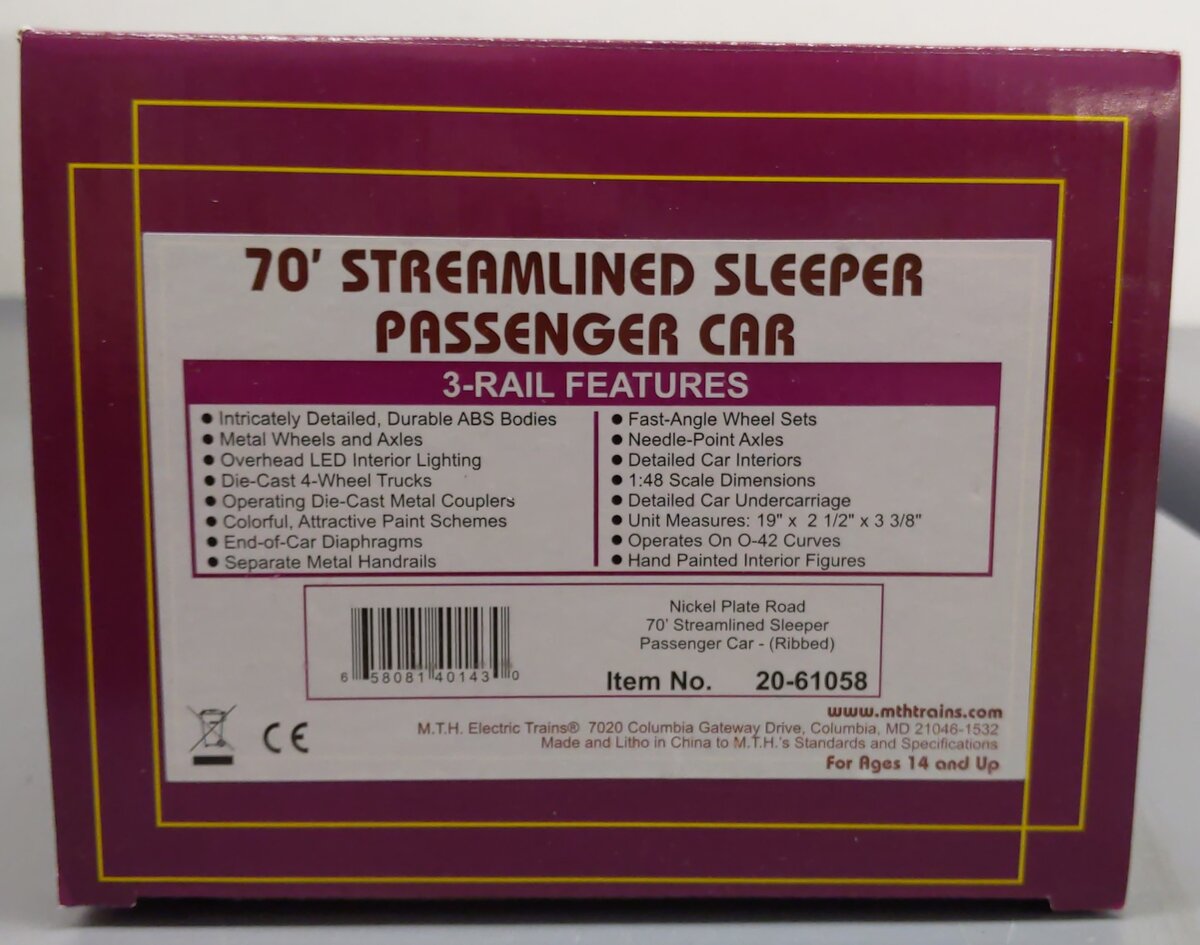 MTH 20-61058 Nickel Plate Road 70' Streamlined Passenger Sleeper Car #201 EX/Box