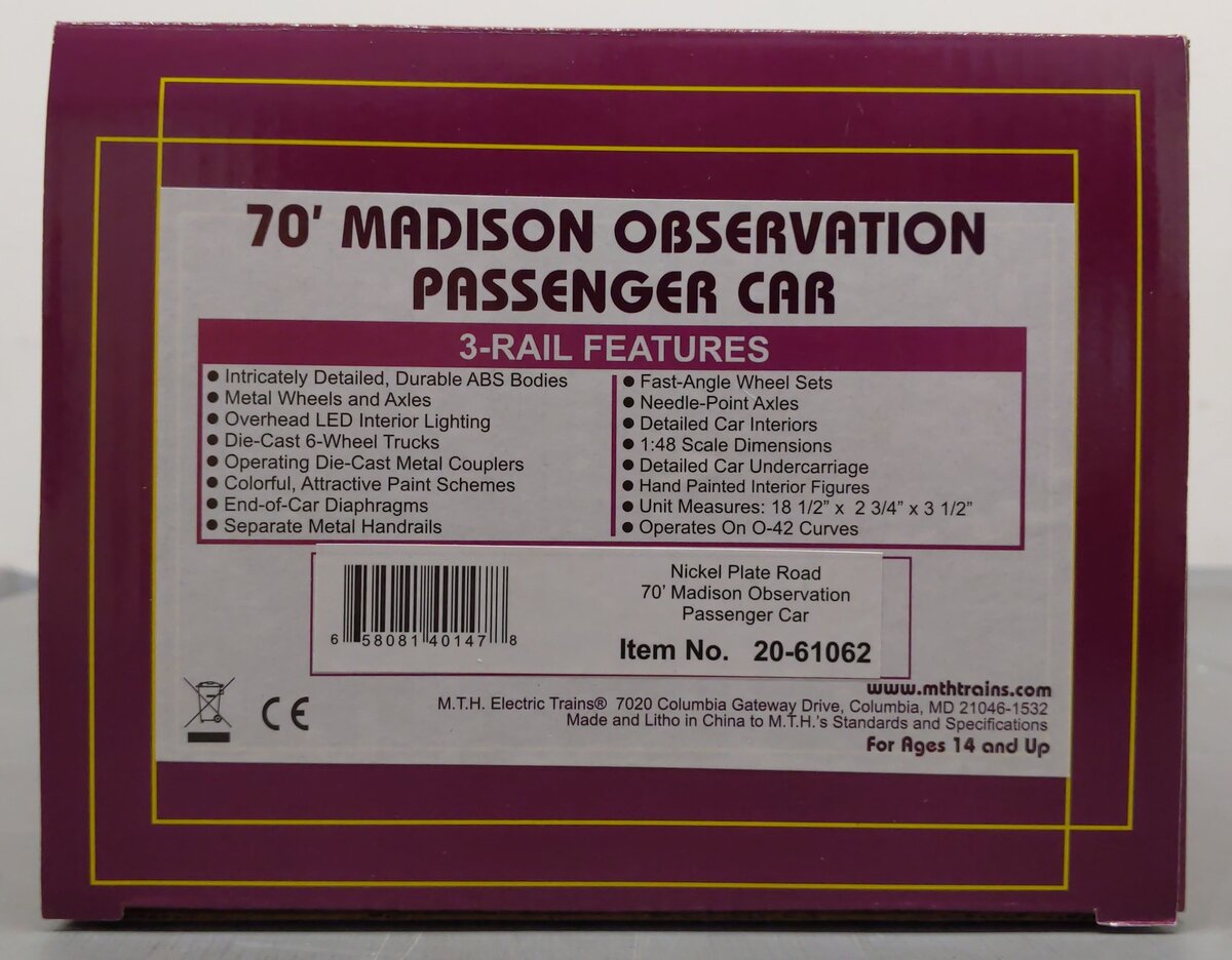 MTH 20-61062 O Gauge Nickel Plate Road Premier 70’ Madison Observation Car #5 EX/Box