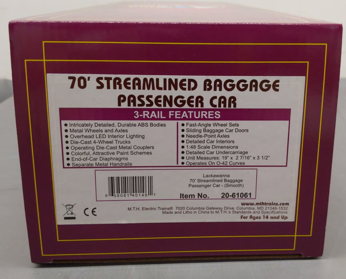 Lackawanna 20-61061 O Gauge Premier 70’ Streamlined Passenger Baggage Car #2097 EX/Box