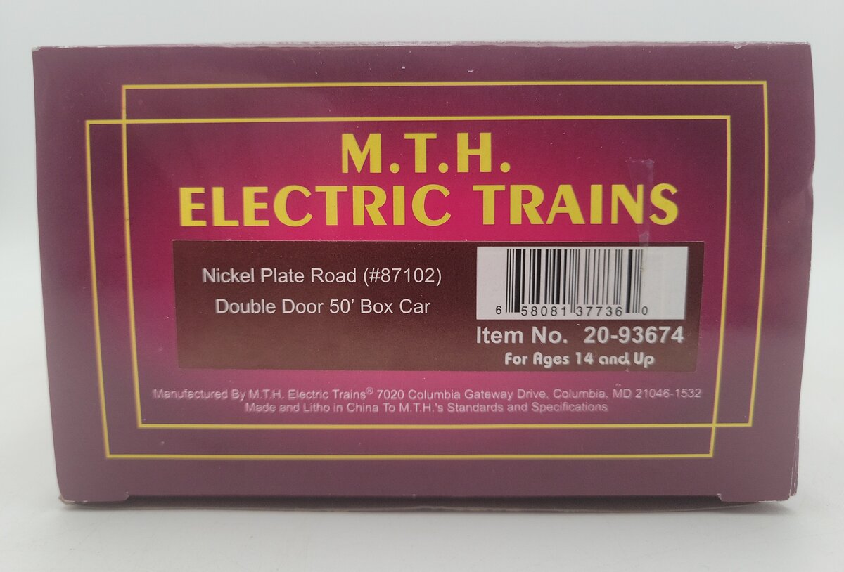 MTH 20-93674 O Nickel Plate Road Double Door 50' Box Car #87102 EX/Box