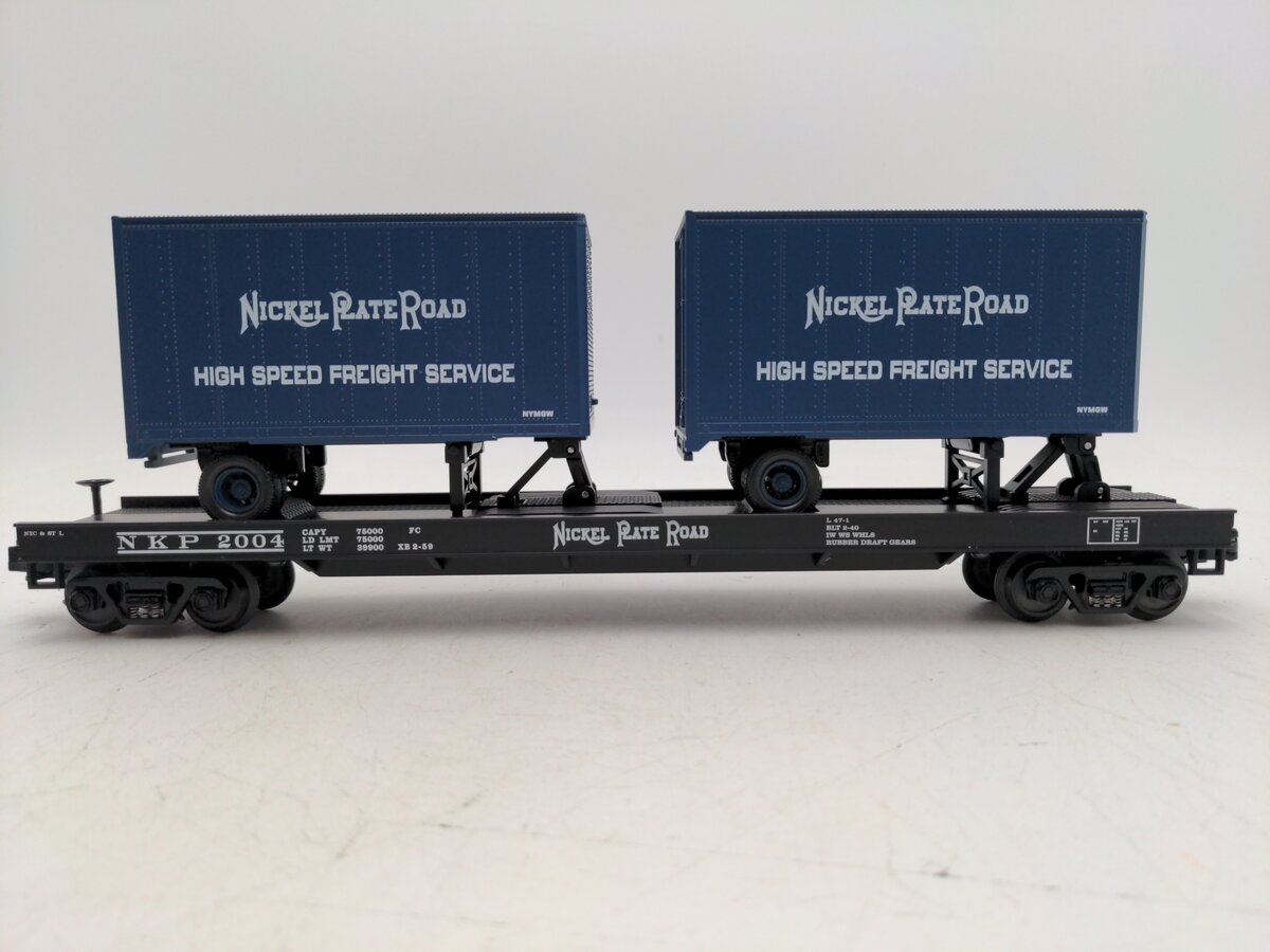 MTH 20-90002D O Gauge Nickel Plate Road Flatcar w/ 20' Trailers #2004 EX/Box