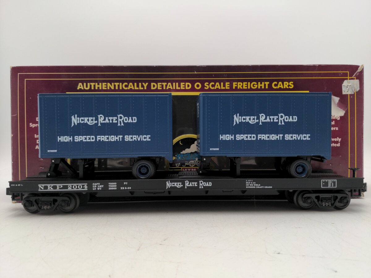 MTH 20-90002D O Gauge Nickel Plate Road Flatcar w/ 20' Trailers #2004 EX/Box