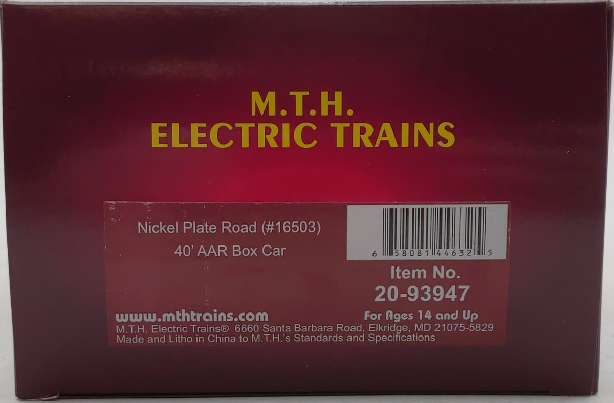 MTH 20-93947 O Scale Nickel Plate Road Premier 40’ AAR Box Car #16503 LN/Box