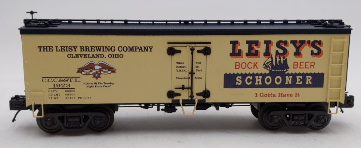 MTH 20-94389 O Gauge Leisy’s Schooner Bock Beer 36’ Woodsided Reefer Car #1923 EX/Box