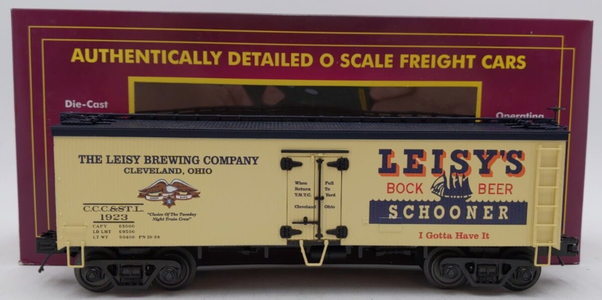 MTH 20-94389 O Gauge Leisy’s Schooner Bock Beer 36’ Woodsided Reefer Car #1923 EX/Box
