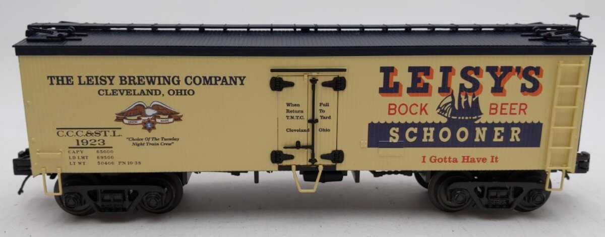 MTH 20-94389 O Gauge Leisy’s Schooner Bock Beer 36’ Woodsided Reefer Car #1923 EX/Box