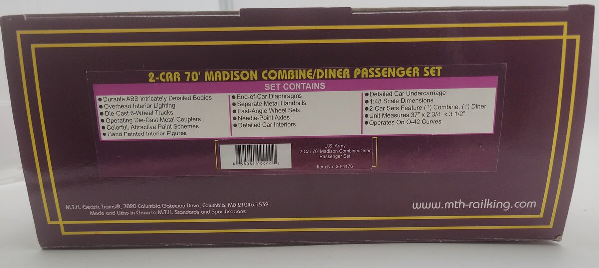 MTH 20-4176 O U.S. Army 70' Madison Combine/Diner Passenger Set (Set of 2) LN/Box