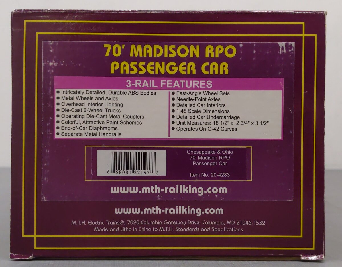 MTH 20-4283 Chesapeake & Ohio 70' Madison RPO Passenger Car EX/Box