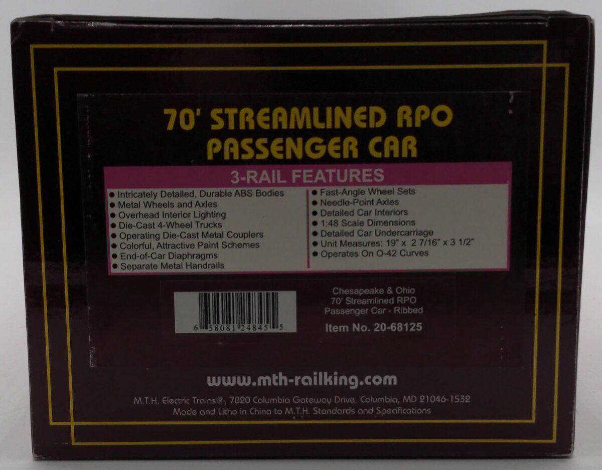 MTH 20-68125 O Gauge Chesapeake & Ohio 70’ ABS RPO Passenger Car (Ribbed) EX/Box