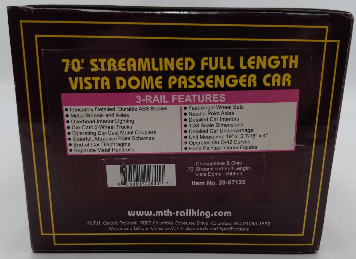 MTH 20-67125 Chesapeake & Ohio 70' ABS Full Length Vista Dome Passenger Car EX/Box