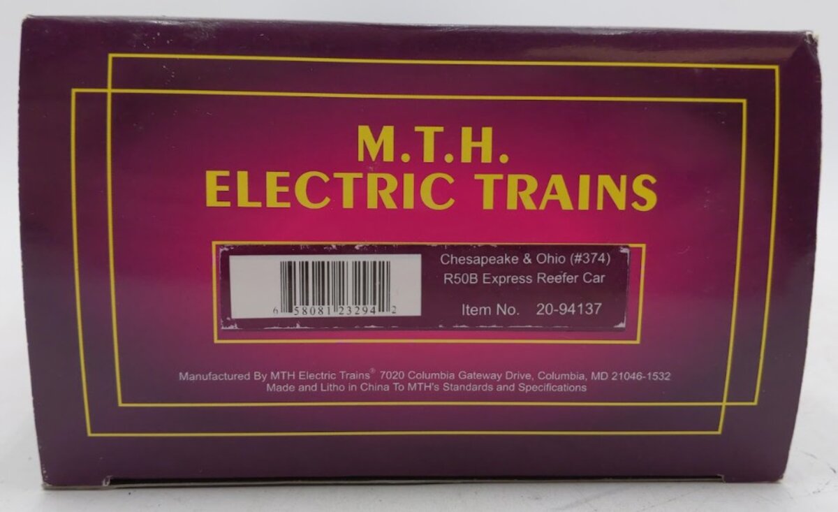 MTH 20-94137 O Gauge Chesapeake & Ohio R50B Express Reefer Car #374 EX/Box