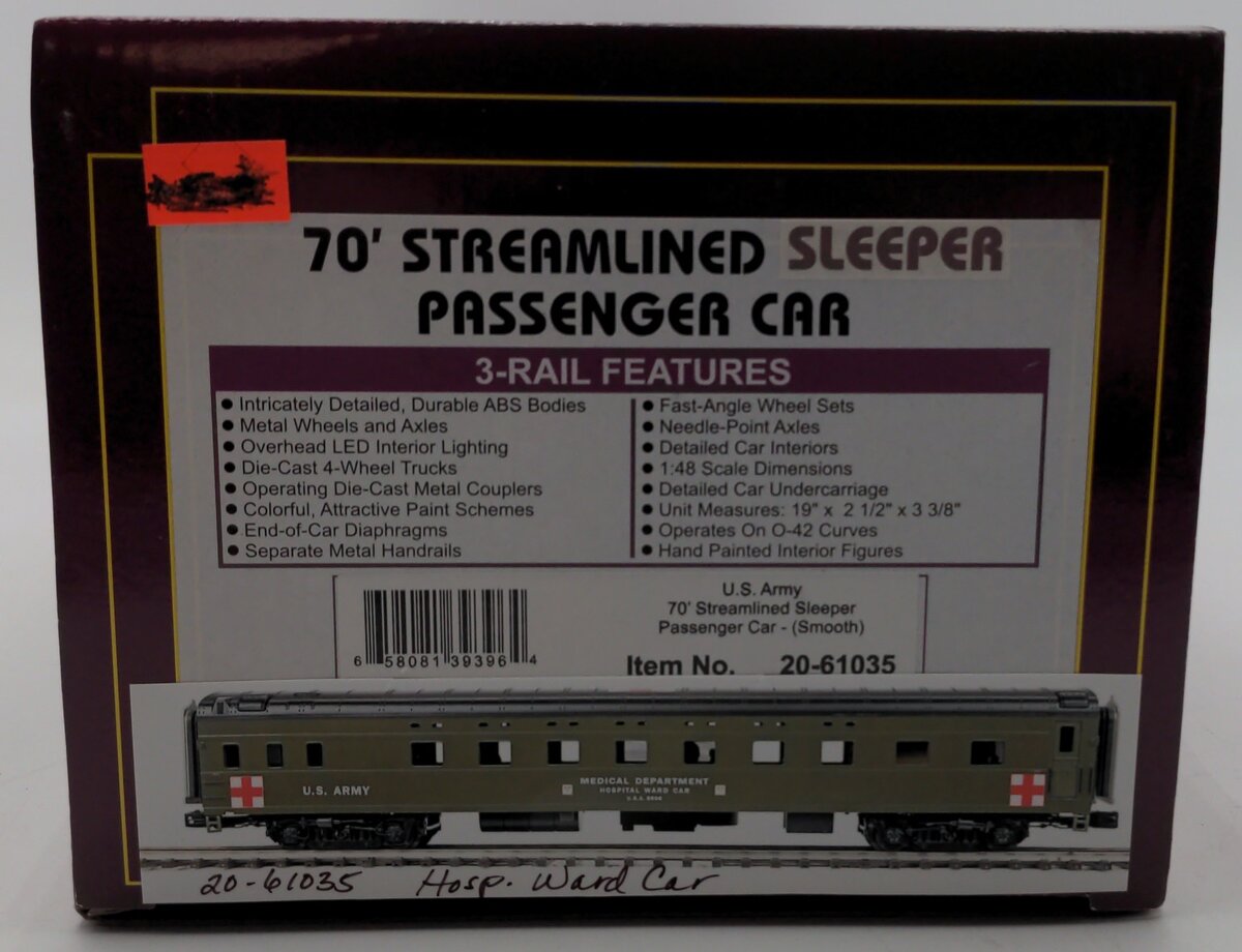 MTH 20-61035 O US Army 70' Streamlined Sleeper (Smooth) EX/Box