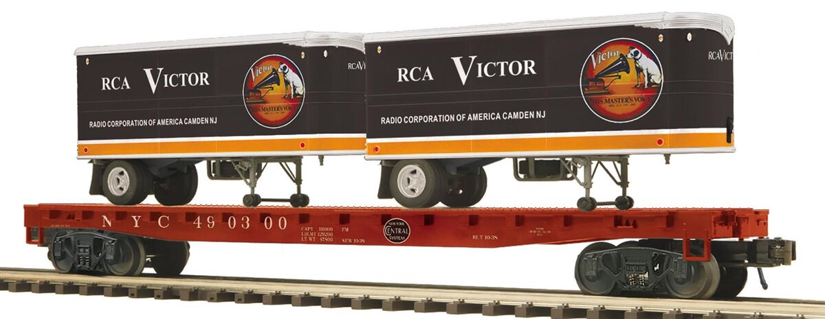 MTH 20-95562 O Gauge New York Central Flat Car with 2 RCA Victor PUP Trailers LN/Box