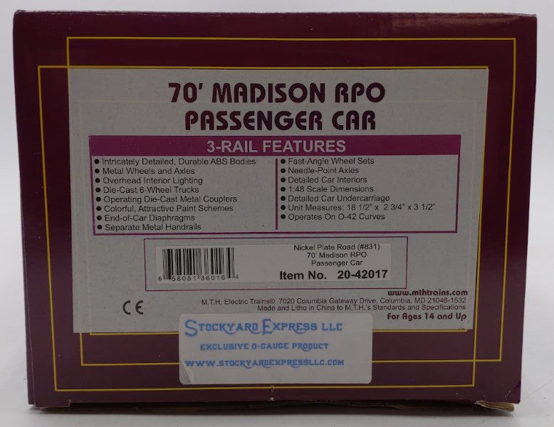 MTH 20-42017 O Gauge Nickel Plate Road 70' Madison RPO Car #831 EX/Box