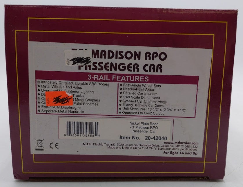 MTH 20-42040 O Gauge Nickel Plate Road 70' Madison Baggage/RPO Car #357 EX/Box
