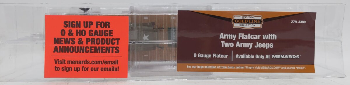 Menards 279-3380 O Army Flatcar w/ Two Jeeps #10287 MT/Box